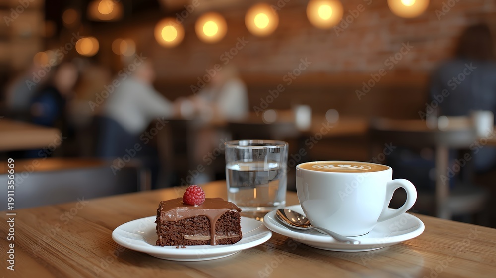 Fototapeta premium Cozy Cafe Interior with Cappuccino Coffee and Chocolate Cake on Wooden Table in Warm Ambient Lighting 