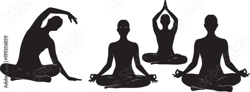 Group of Four Yoga Poses Silhouettes, Meditation and Stretching, Wellness Sub-Niche Isolated on white background