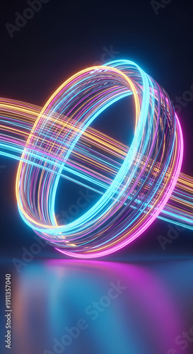 Abstract neon line with rings and glowing lines