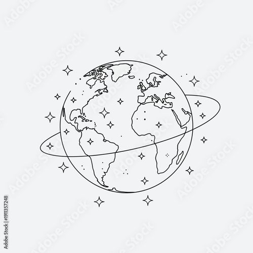 Planet Earth with Orbit and Stars Outline Illustration