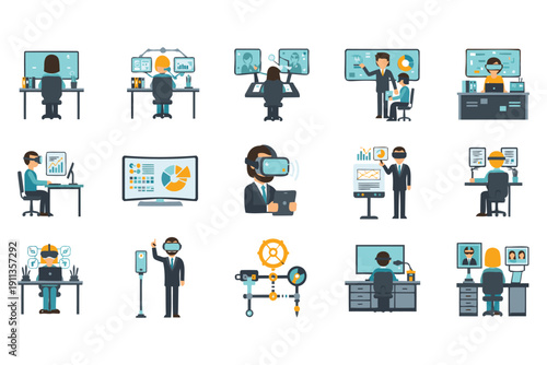 Modern flat design collection of business and technology icons showing professionals working with computers virtual reality and data analytics tools