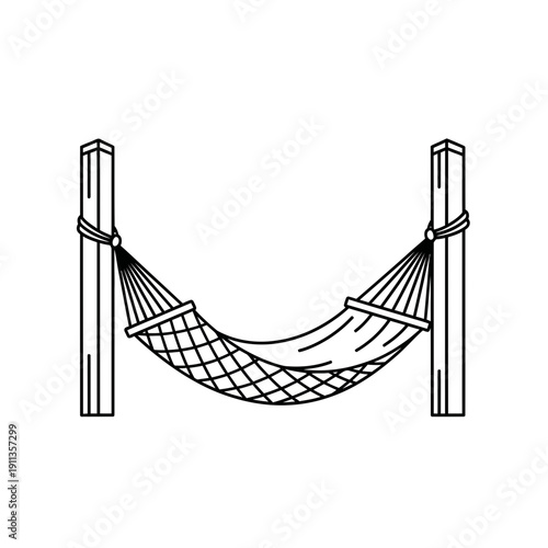 Simple hammock illustration suspended between two wooden posts, white background
