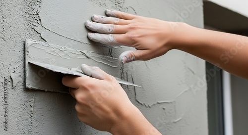 Artisan's hands smoothing textured plaster on exterior surface evenly