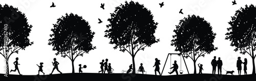 Public City Park Panorama with People Silhouettes, Diverse Urban Life Activities and Children Playing Under Trees Isolated on White Background Vector Illustration