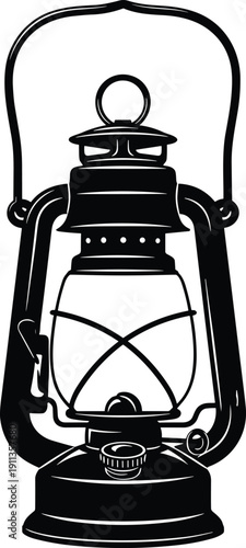 Detailed black and white silhouette of a vintage kerosene lantern, classic oil lamp icon for rustic decor, traditional lighting, and old fashioned atmosphere