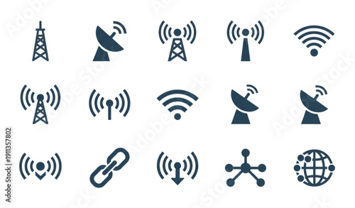 Radio Tower and Wireless Signal Icons – Communication Transmitter Vector Pack