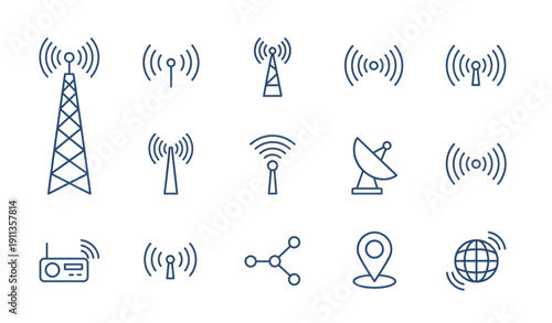 Modern Wireless Antenna Tower Icons – Radio Communication Line Vector Set