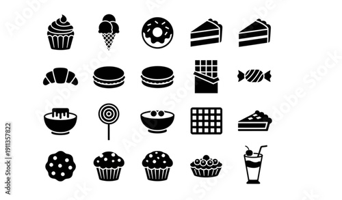 Desserts and Sweets Solid Glyph Icon Set for Bakery, Pastry and Confectionery Vector Collection