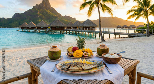 Luxury Tropical Beach Dinner with Grilled Fish and Exotic Fruits on the tropical beach
