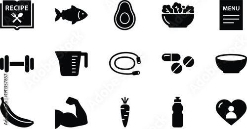 Healthy lifestyle and fitness food silhouette icon set featuring recipe avocado dumbbell vitamins vector collection
