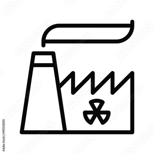 A simple line art icon of a nuclear power plant with a chimney emitting smoke and a radiation symbol on its facade. Nuclear and Radiation Single Line Icon.