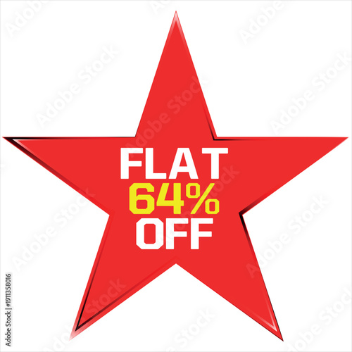 Red star with text flat sixty four percent off on Discount batch white background sale discount
