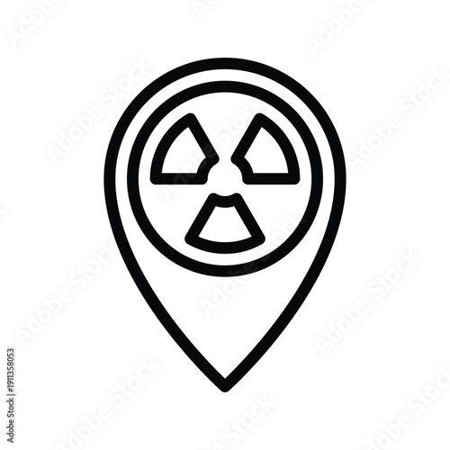 A black outline icon depicting a map pin with a radiation symbol inside.  Nuclear and Radiation Single Line Icon.