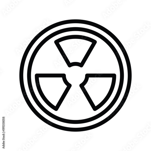 A simple black and white illustration of the universal radioactive symbol, representing danger and caution.  Nuclear and Radiation Single Line Icon.
