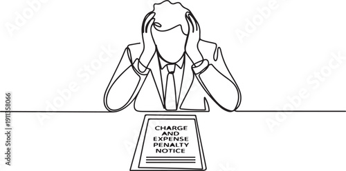 Penalty concept.Stressful businessman looking at a charge and expense punishment notice. one line Art icon drawing vector