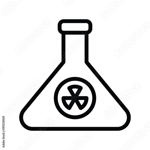 A simple line drawing of a laboratory flask with a radioactive symbol inside.  Nuclear and Radiation Single Line Icon.