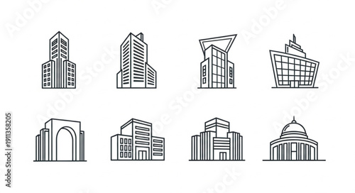 Collection of diverse architectural building line art icons.