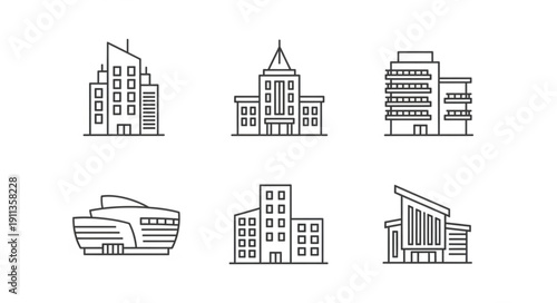 Collection of six modern building line art icons.
