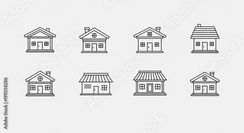 Collection of eight simple house icons in a line.