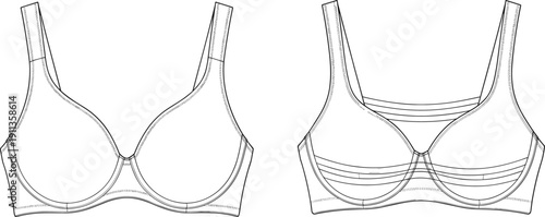 Comfortable women's t-shirt bra vector technical sketch, front and back view of underwire brassiere, fashion flat for intimate apparel design.