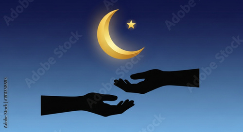 Silhouetted hands reaching for crescent moon and star in night sky with gradient blue background