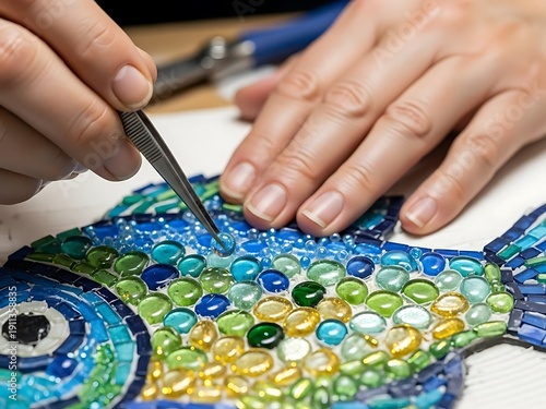 Creation of a shimmering fish mosaic craftwork with assorted glass pieces
