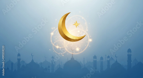 Glowing crescent moon and star over mosque silhouette at dusk with sparkling lights