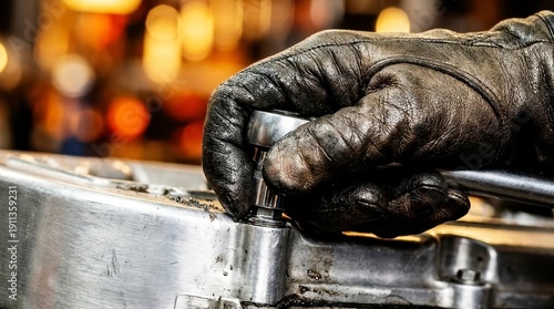 Mechanic hand glove metal tool closeup detail industrial work maintenance repair mechanical engineering workshop background heavy duty precision skill hard work