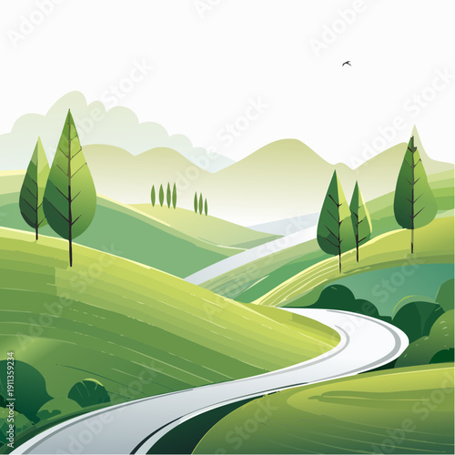 Winding road through serene green hills and vibrant trees, a picturesque path of natural beauty