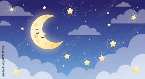 Smiling crescent moon with closed eyes in a starry night sky with clouds and a dreamy atmosphere at dusk