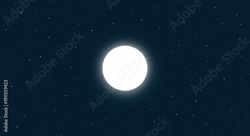 Bright white moon glows in dark starry night sky with celestial bodies