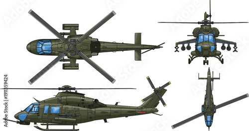 Military Attack Helicopter Orthographic Blueprint Vector Illustration, Army Gunship Aircraft with Weapons and Missiles for Game Asset Design and Aviation Mockup.