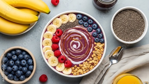 Delightful acai bowl with bananas, berries, chia, and granola in bowl