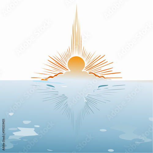 Vibrant stylized sun rising over tranquil waters, casting a brilliant reflection, symbolizing new beginnings and hope