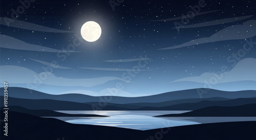 Serene nighttime landscape with full moon shining over calm lake and mountains