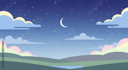 Serene landscape with crescent moon stars and colorful clouds at dusk over rolling green hills and a calm lake