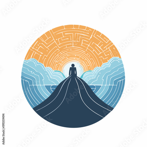 Stylized journey of self-discovery, where a solitary figure navigates a challenging path towards a radiant, intricate future