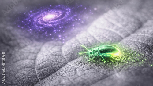 Fantasy nature concept featuring a bioluminescent beetle illuminated against a cosmic spiral galaxy.