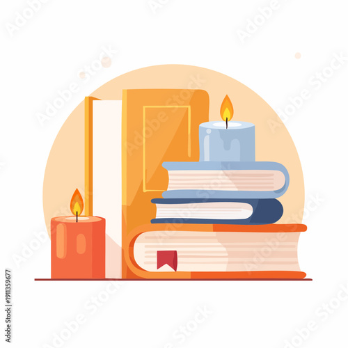 A charming and cozy illustration of stacked books illuminated by warm, flickering candles, evoking a sense of calm and learning