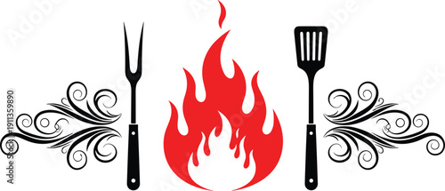 Barbecue grill logo design with flame, fork and spatula, modern food branding and restaurant emblem illustration