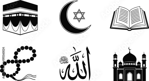 Set of sacred Islamic symbols featuring Kaaba, Allah calligraphy, Quran, prayer beads, and mosque silhouettes for Ramadan, Hajj, and religious education vector design