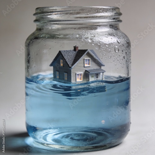 Miniature House Flooding in a Jar, Climate Change Concept
