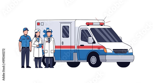 Line Drawing Healthcare Team with Ambulance Emergency Vehicle Transportation Illustration