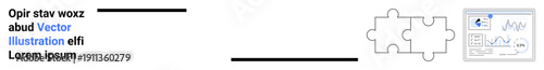 Business solutions, analytics, data visualization, teamwork, strategy development, innovation. Puzzle piece alongside chart displaying data analytics. Business solutions and analytics concept