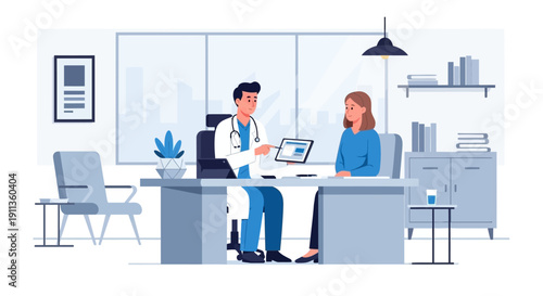 Flat Style Doctor Consulting Patient with Tablet Illustration Scene