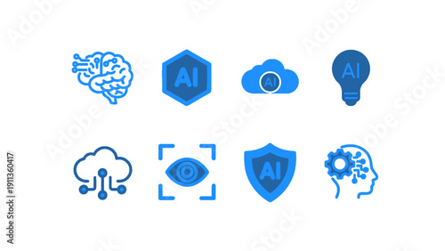A modern icon set representing artificial intelligence, machine learning, automation, and smart technology concepts.