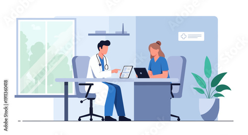 Flat Illustration Doctor Consultation with Patient in Hospital Room