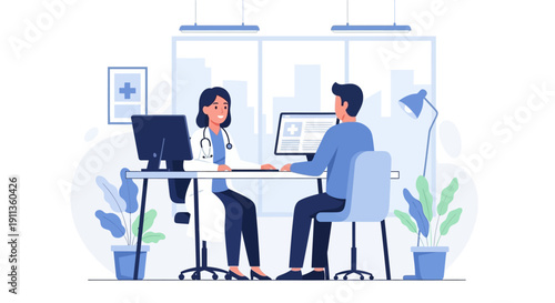 Flat Style Consultation Illustration of Doctor and Patient in Clinic Room