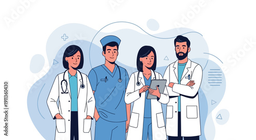 Cartoon Professional Medical Team Staff Standing Together Flat Illustration