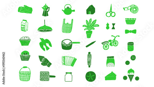 A detailed set of gardening and plant care icons including tools, plants, and eco elements.